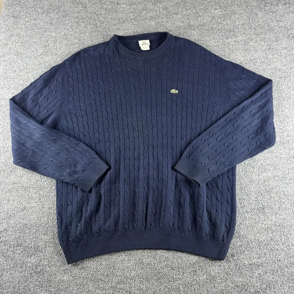 Lacoste Sweater Mens 7 2XL Navy Blue Cable Knit Crew Neck Pullover Croc Logo